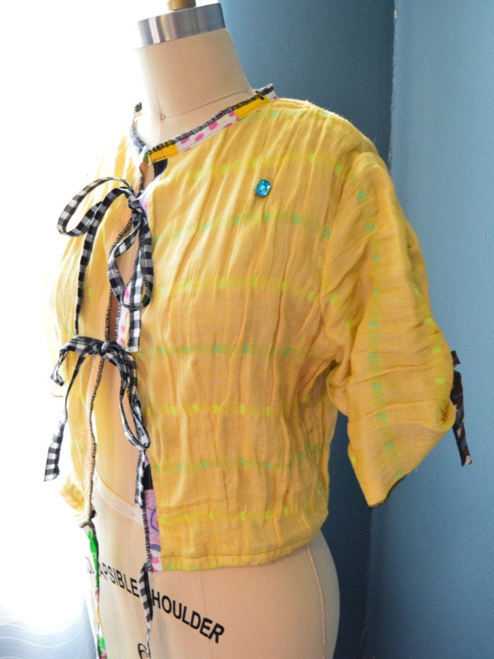 Handmade One of One, Yellow Short Sleeve Cadigan w Gingham, Bows & Hearts